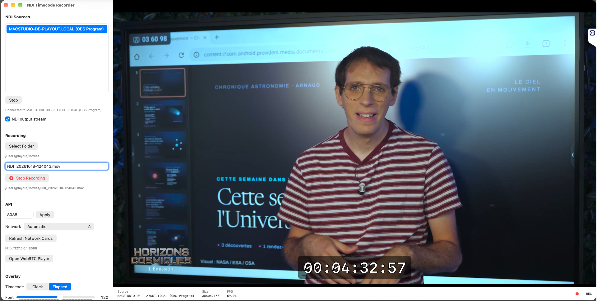 NDI Timecode Recorder recording an NDI source with burnt-in timecode and an active NDI output.