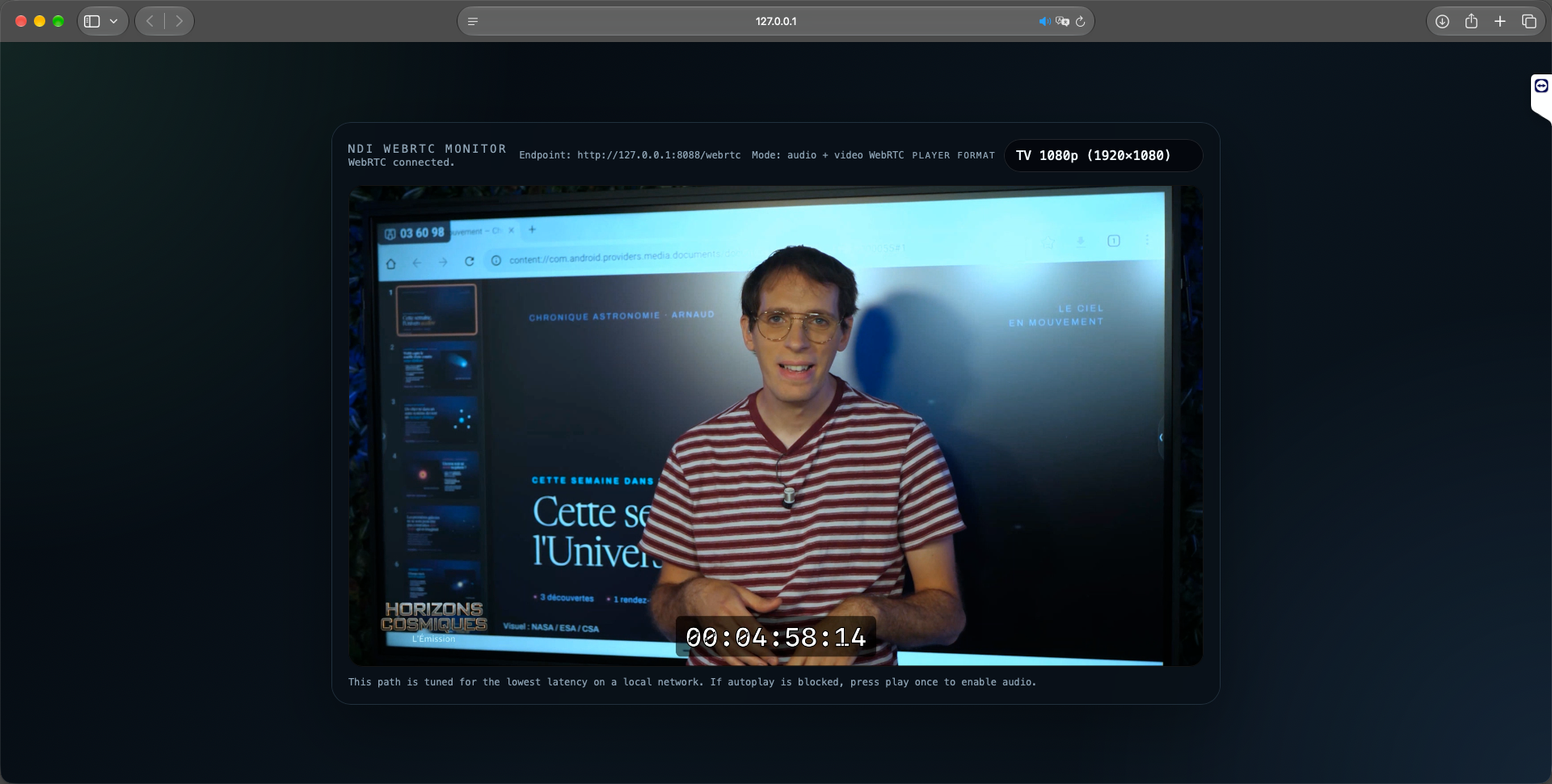 WebRTC monitoring of the NDI feed with timecode in a browser.